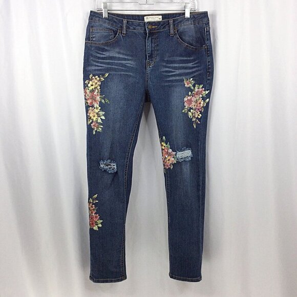 Angel Kiss Denim - Angel Kiss Floral Jeans‎ Womens Size 13 Mid Rise Distressed Denim